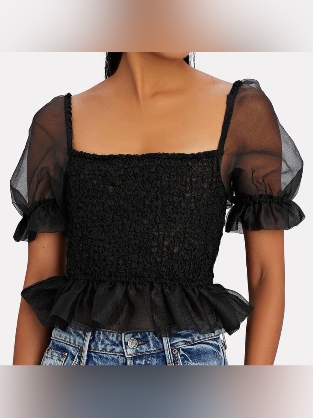 Staud Black Organza Puff Sleeve Crop Top
